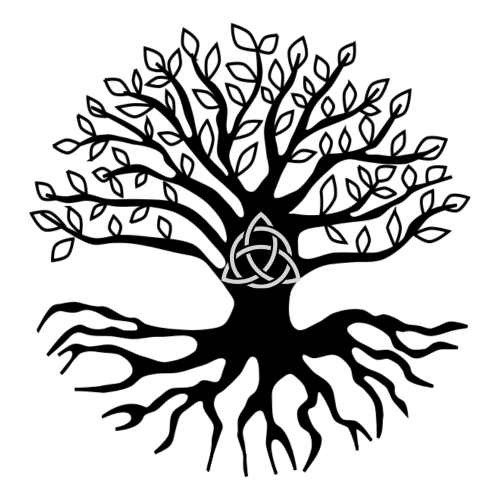 Silver Moon with blue sky.  A figure in a standing yoga pose with a tree growing from their hands. Represents Silver Moonlight Botanicals Services. 