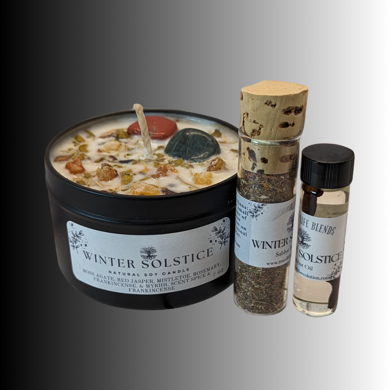 Winter solstice soy candle, incense, and oil